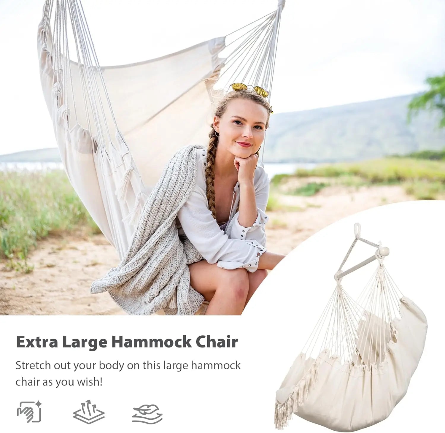 Extra Large Macrame Hanging Swing Chair with Side Pocket and Cushions