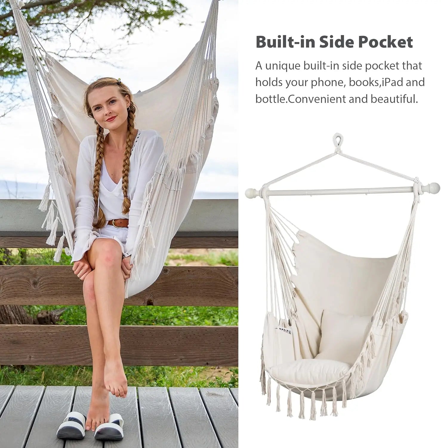 Extra Large Macrame Hanging Swing Chair with Side Pocket and Cushions, Max 450lbs Capacity, Beige