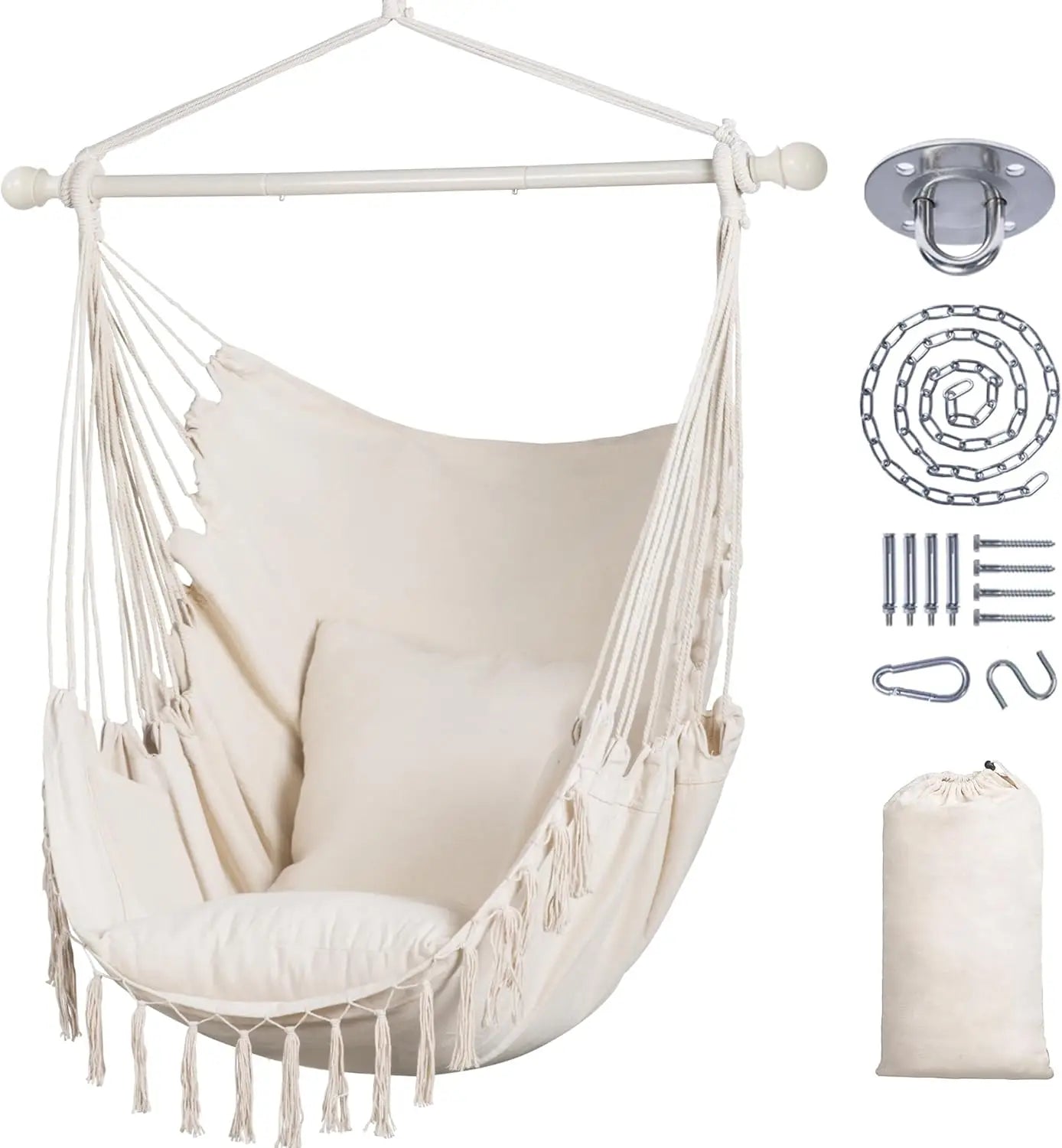 Extra Large Macrame Hanging Swing Chair with Side Pocket and Cushions, Max 450lbs Capacity, Beige