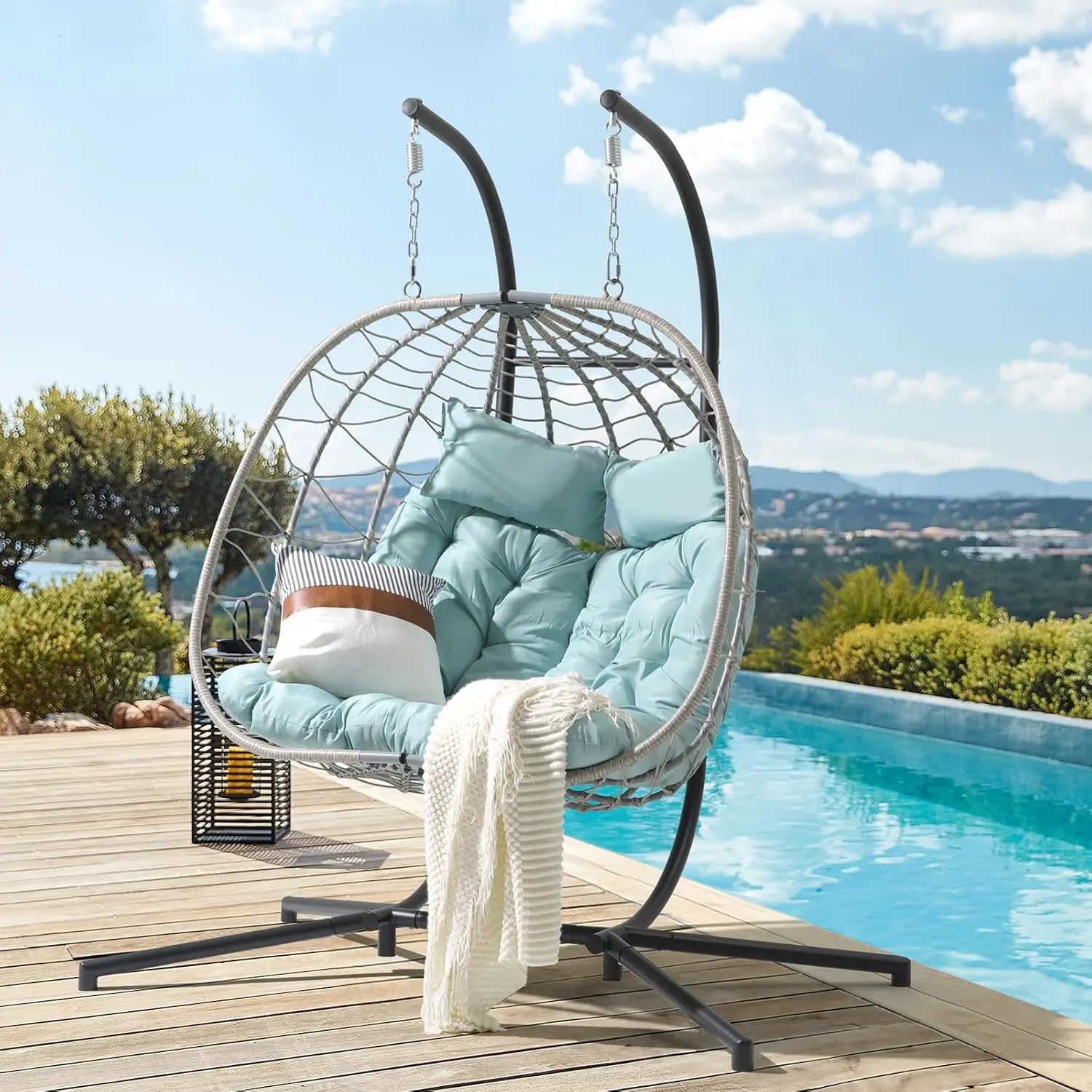2-Person Double Egg Swing Chair with Stand, Indoor Outdoor Patio Wicker Hanging Chair w/Cushion, Foldable 550lbs Light Blue